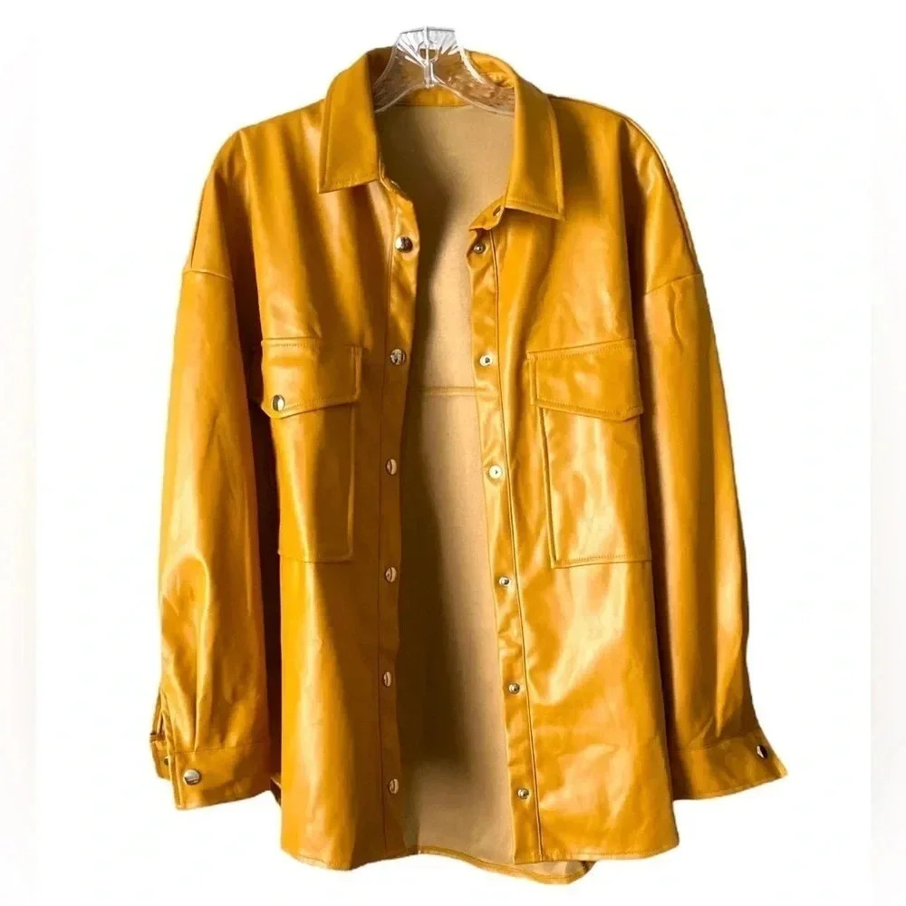 FORESTYASHE Women’s Yellow Oversized Long Sleeve Faux Leather Over-shirt Size S
